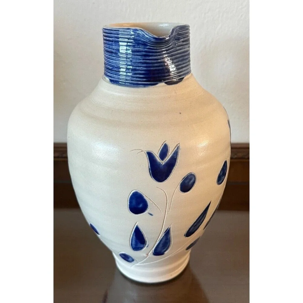 Unmarked Stoneware Salt Glaze Blue Floral & Striped 10.5